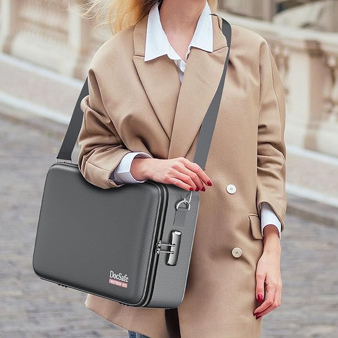 DocSafe Fireproof Document Box with Lock, Hard Case File Organizer with Accordion File Folder, Fireproof Water Resistant Safe Box Home Office Travel Storage for Important Documents Laptop Gray