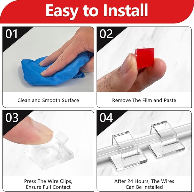 100PCS Cable Clips, Adhesive Wire Clips Organizer Cord Clips Management, Cable Staples Outdoor Strong for Wall, Desk, Christmas Lights, String Lights, Fairy Lights, Clear Glossy, Small