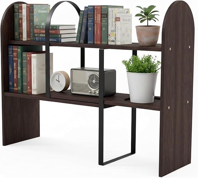 Maplefield Desk Hutch Expandable Shelf Organizer, Walnut Finish, Engineered Wood Desktop Storage Rack for Office, Dorm, or Home – Adjustable Over Desk Bookshelf for Supplies, Decor & Accessories