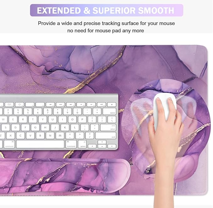 4-in-1 Gaming Mouse Pad Wrist Support Set，Desk Pad + Mouse Pad with Wrist Rest + Keyboard Wrist Rest + Coaster, Ergonomic Design for Home Office Study Game - Purple