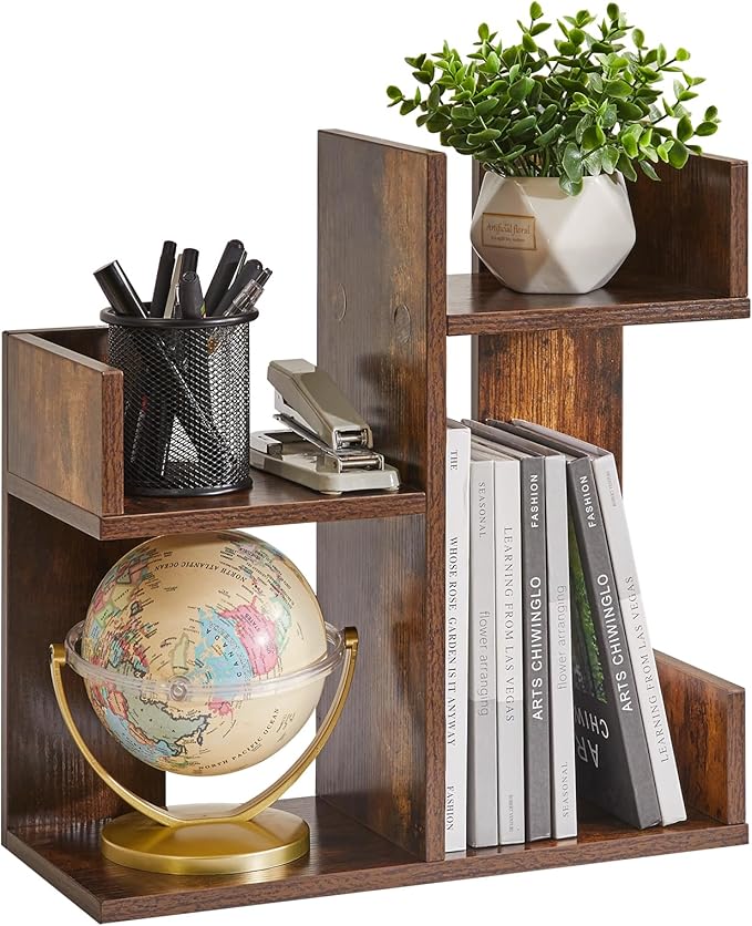 Book Display Shelf Small Desk Organizer, Desk Top Storage Organizer, Cookbook Storage Kitchen Counter Shelf, Tabletop Plant Shelf Stand Rustic Brown YD-DSR002H