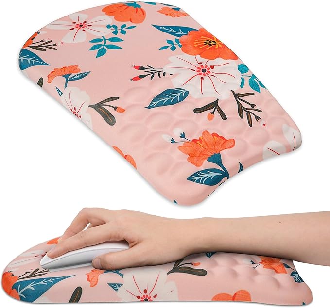 Ergonomic Wrist Mouse Pad with Massage Design, Wrist Rest Pain Relief Mousepad with Memory Foam Non-Slip PU Base, Mouse Pad with Wrist Support for Wireless Mouse & Desk, Y Pink Flowers