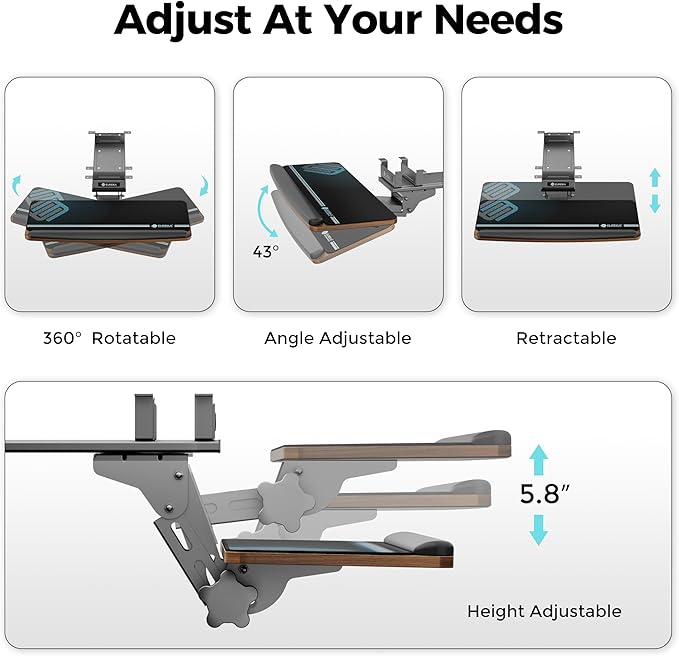 EUREKA ERGONOMIC Keyboard Tray Height Adjustable, Swivel Tilt Computer Keyboard Drawer Under Desk, 25x9.13'' Sliding Keyboard & Mouse Platform with Mouse Pad for Typing, Walnut