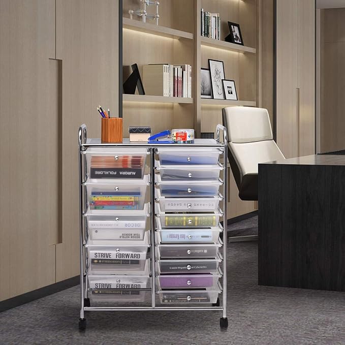 ARLIME 15 Drawer Rolling Storage Cart, Rolling Organizer Cart, Scrapbook Paper Organizer, Suitable for Office and School, Office Storage Tools on Wheels (Clear)