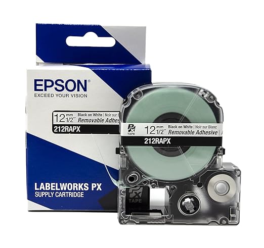 Epson LABELWORKS 212RAPX Genuine PET (Polyester) Tape Cartridge - Black on White Label Maker Tape, Removable Adhesive - 1/2" (12MM) Wide, 30'