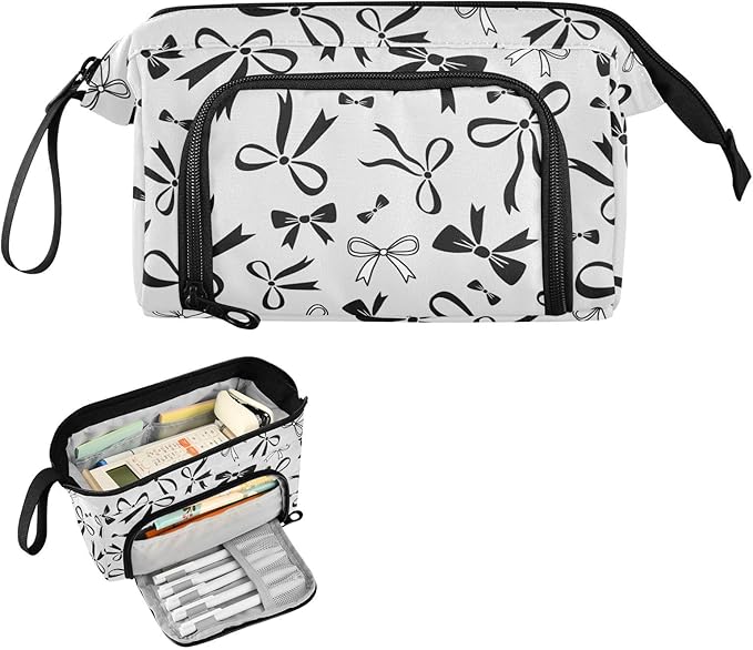 Bow Gray Pencil Case Pouch Big Capacity Pencil Bag Box Organizer Pen Case with Zipper Pencil Cases for Girls Boys Women School College Office