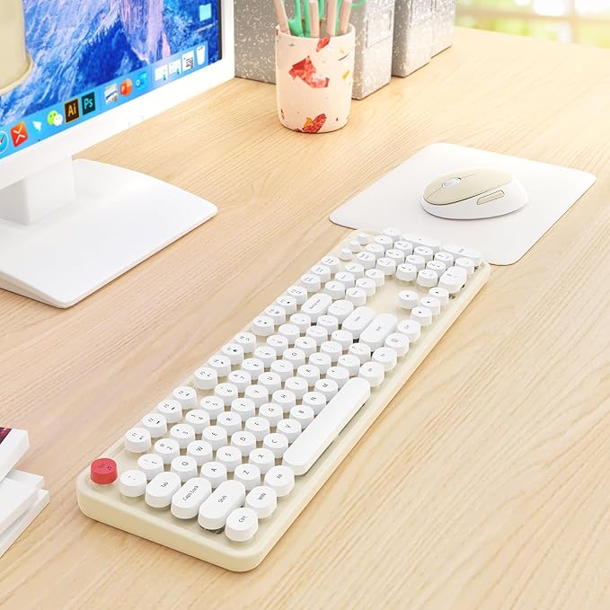 HotFox Wireless Keyboard and Mouse Combo, Full-Size Retro Typewriter Keyboard with Round Keycaps, Ergonomic Design for Windows PC, Home and Office Use - Cream