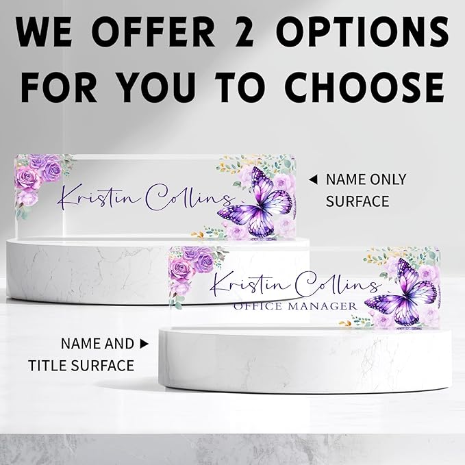 Custom Name Plate for Desk, Personalized Desk Name Plate on Clear Acrylic Glass, Appreciation Gifts for Teacher Employee Boss Coworkers Nurse, Office Desk Accessories for Women Men (Amethyst)