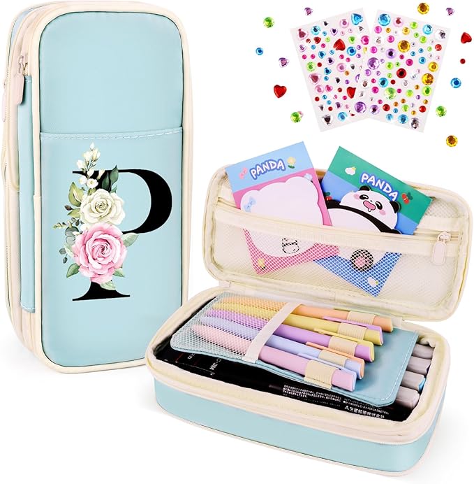 Preppy Pencil Case for Girls, Cute Large Pencil Pouch, Personalized Initial Pencil Bag with Zipper for School College Office Supplies, Back to School Supplies Gifts for Teen Girls (P, Blue)