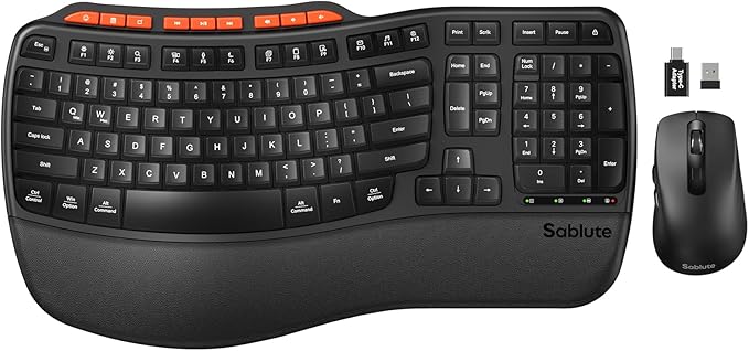 Ergonomic Wireless Keyboard and Mouse Combo, 2.4G Full Size Wave Key Board with Cushioned Palm Rest, Natural Typing, 3 DPI Adjustable Mouse, USB-A & C for Computer/Laptop/Mac/Tablet – Sablute
