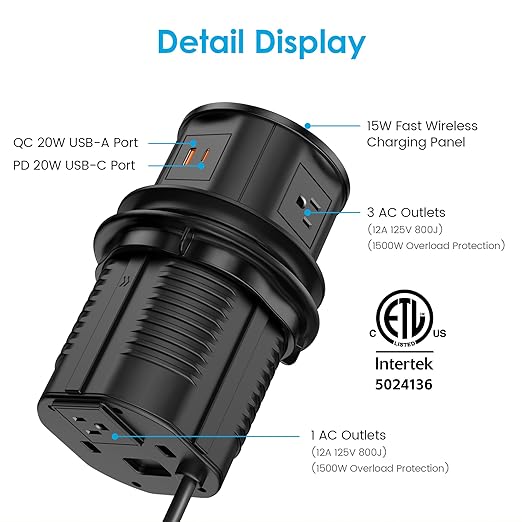 Pop Up Outlet with 15W Wireless Charger, 4 AC Outlets & PD 20W USB Fast Charging, 4.75 inch Desk Hole Power Grommet Connect 6FT Cord for Office, Conference, Kitchen Use(ETL & FCC Listed)
