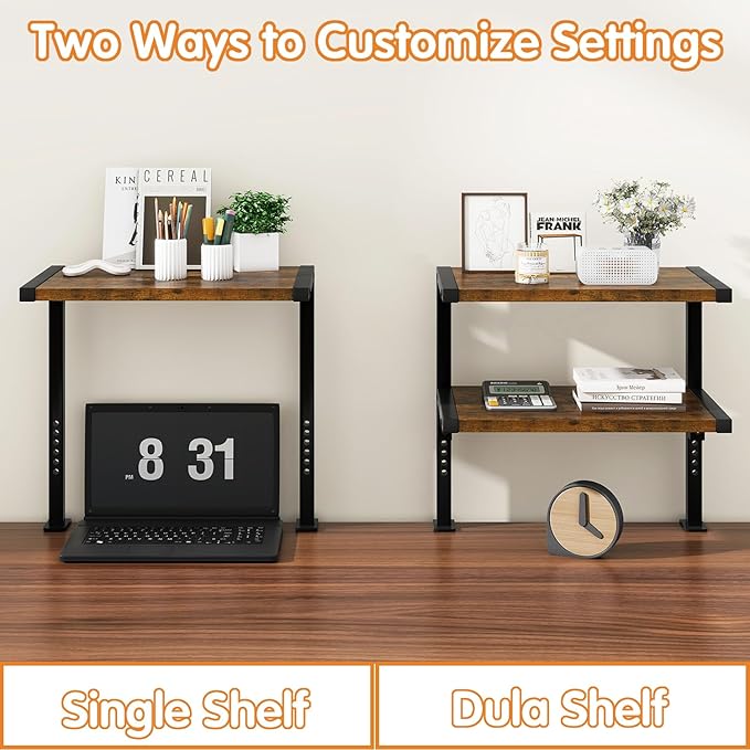 IBUYKE Clamp on Desk Organizer Shelf,12.9 inches Desk Extender Shelves, Above or Below Desk 2-Tier Adjustable Storage Shelves for Desktop Accessories,Rustic Brown,TMZ007H