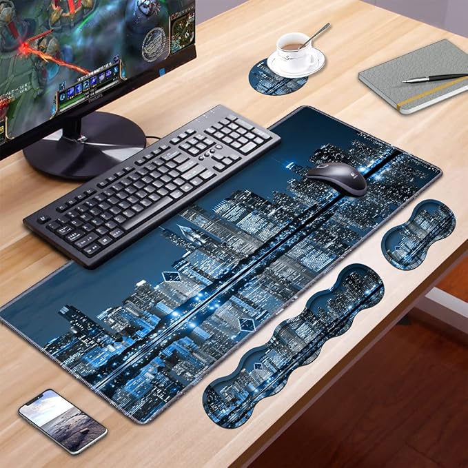 Ergonomic Keyboard Wrist Rest & Mouse Pad Wrist Rest Set, Large XXL Gaming Desk Mat 31.5"x 11.8", Non-Slip Base, Memory Foam, Easy Typing Pain Relief for Office & Home, Chicago Skyline Night View