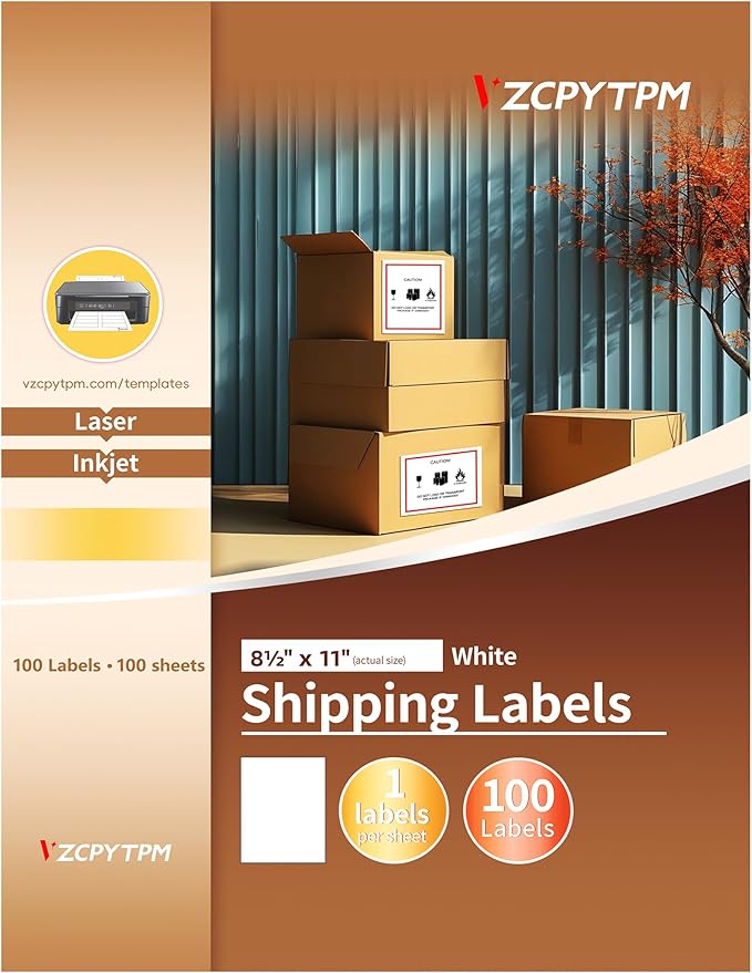 VZCPYTPM Printable Shipping Labels 8.5" x 11",100 White Matte Customizable Label Sheets for Inkjet Printer,Large Stickers for Mailing,Shipping,and Address,Printing and Organizing