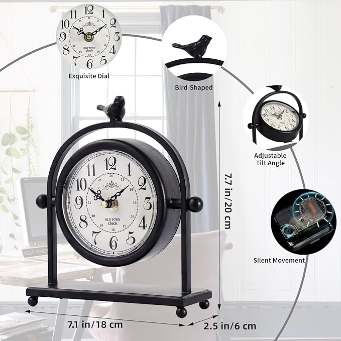 MODE HOME Silent Battery Operated Black Metal Analog Desk Clock with Bird, Small Table Clock for Farmhouse Decor, Mantel Shelf, Home and Living Room