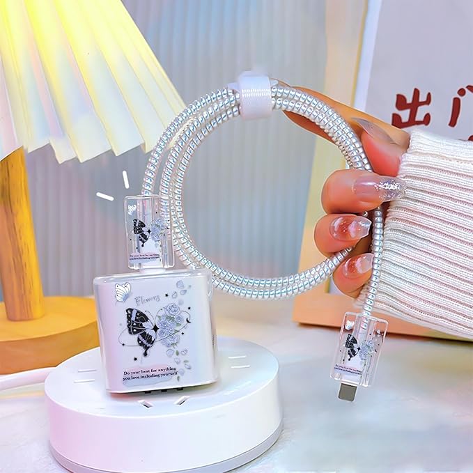 Lovely Cable Protector for iPhone 18W/20W Charger, Blue Black Butterfly Flowers Design Transparent Data Line Cable Saver Phone Charging Protector for Apple Charger Case