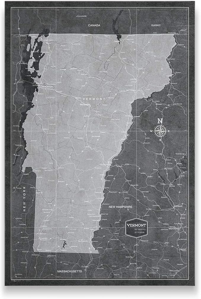 Conquest Maps Push Pin Vermont Map Board - With Push Pins to Mark Vermont Travels - Handmade in Ohio, USA - Design: Modern Slate