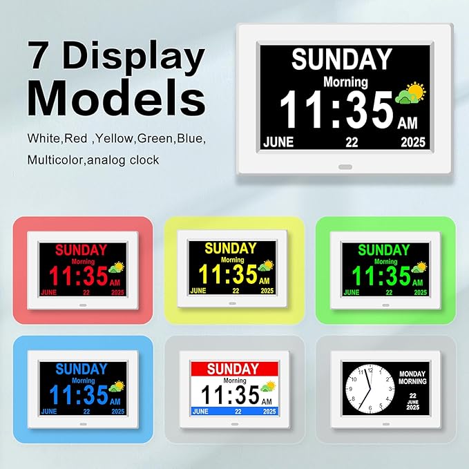 11'' Large Display Digital Clock for Seniors, Digital Calendar Alarm for Elderly Clock with Date Day of Week 12 Alarms 4 Colors Desk Wall Clocks for Memory Loss Alzheimers Dementia Auto DST/Dimmer