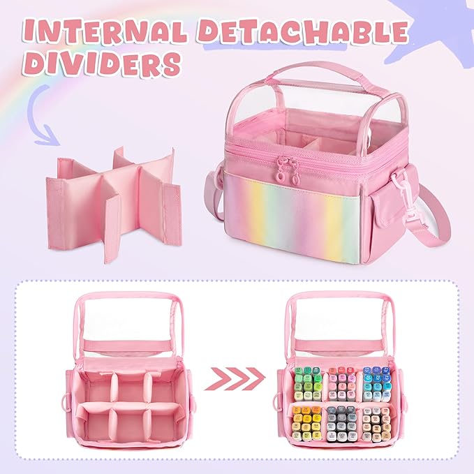 Marker Organizer Case for up to 72 Markers, Marker Storage Bag with Detachable Divider and 3 Extra Pockets, PVC Top Easy Find Your Need, Handle and Shoulder Strap, Pink (Case Only)