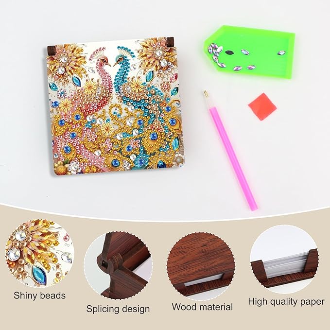 Wooden DIY Red Blue Peacock Diamond Art Notecard Box – DIY Gem Art Sticky Note Holder for Adults 160 Sheets Memo Pad Storage