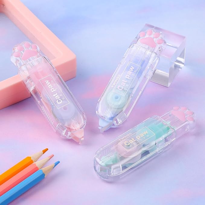 Kogcmeetl 3 Pack White Out Correction Tape, Cute Retractable Correction Tape, Kawaii Cat Paw White Out Tape for Cat Lovers Students and School Office Supplies