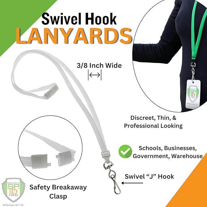 Specialist ID Bulk 100 Pack - Premium Flat Breakaway Lanyards for ID Badges & Badge Holders - 3/8" Wide Woven Safety Lanyard with Metal Swivel Hook for Teachers, Students, Cruise, Office (White)