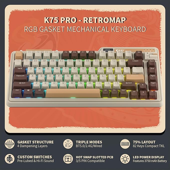 KZZI K75 PRO RGB 75% Wireless Gasket Mechanical Keyboard, Triple Mode BT 5.0/2.4G/USB-C 82 Keys Hot Swappable Gaming Keyboard w/Knob & Power Display, Custom Tactile Switches, Mousse Brown