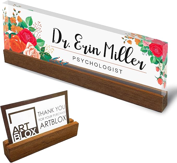 Artblox Personalized Office Desk Name Plate and Business Card Holder | Clear Acrylic Glass with Teak Wood Stand |Mixed Flowers Design Customized with Your Name and Credentials Office Desk Décor