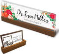 Artblox Personalized Office Desk Name Plate and Business Card Holder | Clear Acrylic Glass with Teak Wood Stand |Mixed Flowers Design Customized with Your Name and Credentials Office Desk Décor