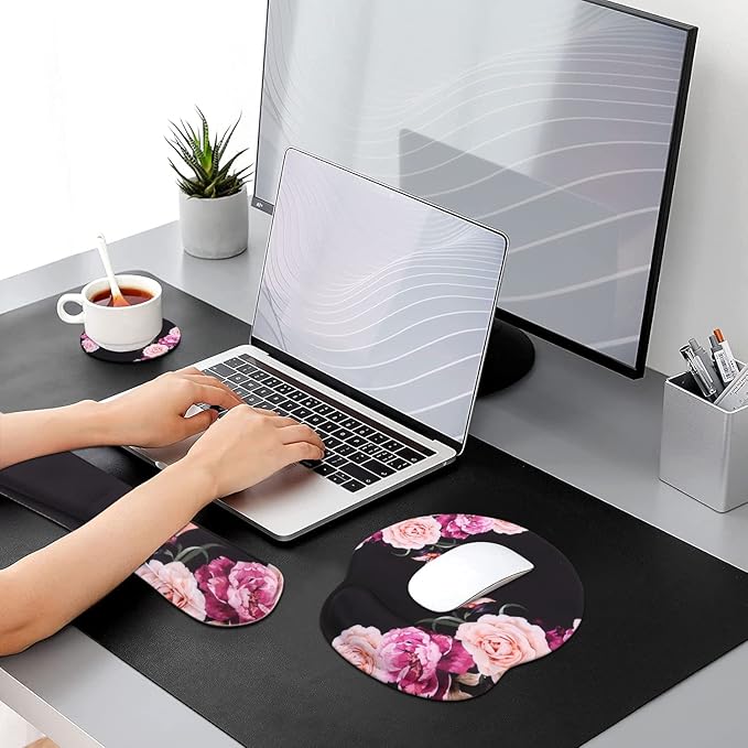iLeadon Mouse Pad with Wrist Support Keyboard Wrist Rest Set, Ergonomic Mouse Pad with Non-Slip Base for Computer Laptop Home Office + Coasters, Easy Typing & Pain Relief Mouse Mat, Peony Flowers