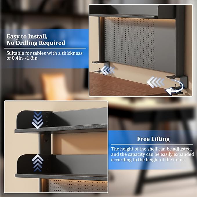 Clamp On Desk Shelf Desktop Hutch Bookshelf Desk Organizer Storage Shelves with Pegboard DIY Display Stand Adjustable Space-Saving Suitable for Dormitories,Studies,Offices,Workbenches