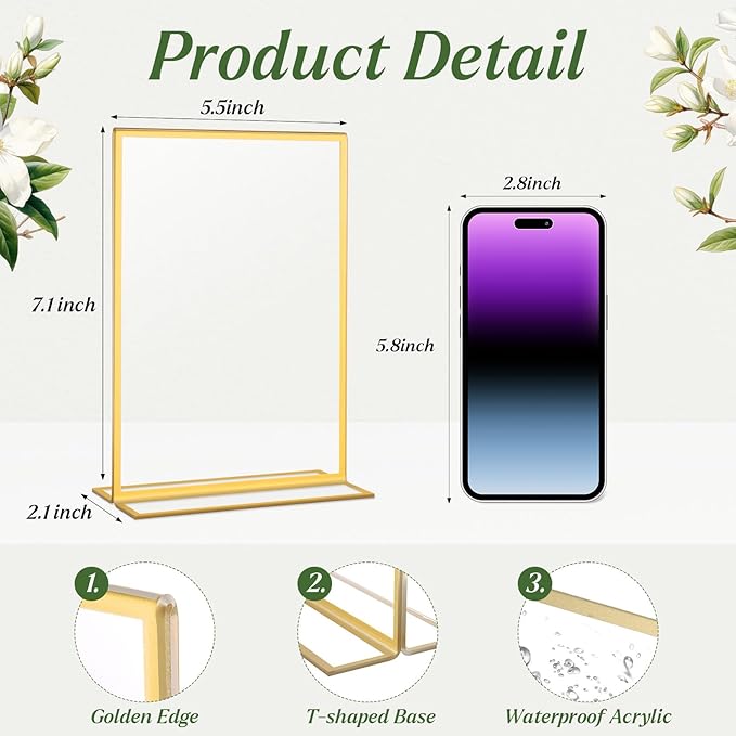 10 Pack Gold Acrylic Sign Holders 5x7 Double Sided Picture Frames, Wedding Table Number Frames, Table Display Stand for Restaurant Signs, Party and Office Photos