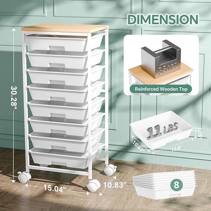 Rolling Cart with 8 Drawers, Art Cart with Large Storage Drawers and Thick Wooden Tabletop, Utility Craft Cart for Living Room, Office, Classroom, Craft Room, Bedroom, Dorm, White