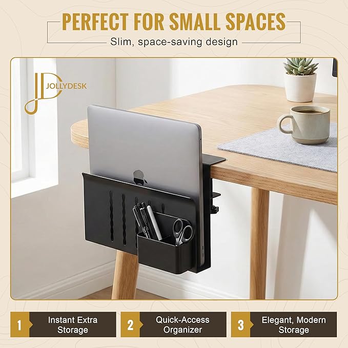Desk Side Storage, Steel Side Desk Organizer, Clamp on Laptop Mount with Magnetic Pen Holder, No Drill Under Desk Laptop Holder, Table Hanging Storage for Home & Office Organization – Black