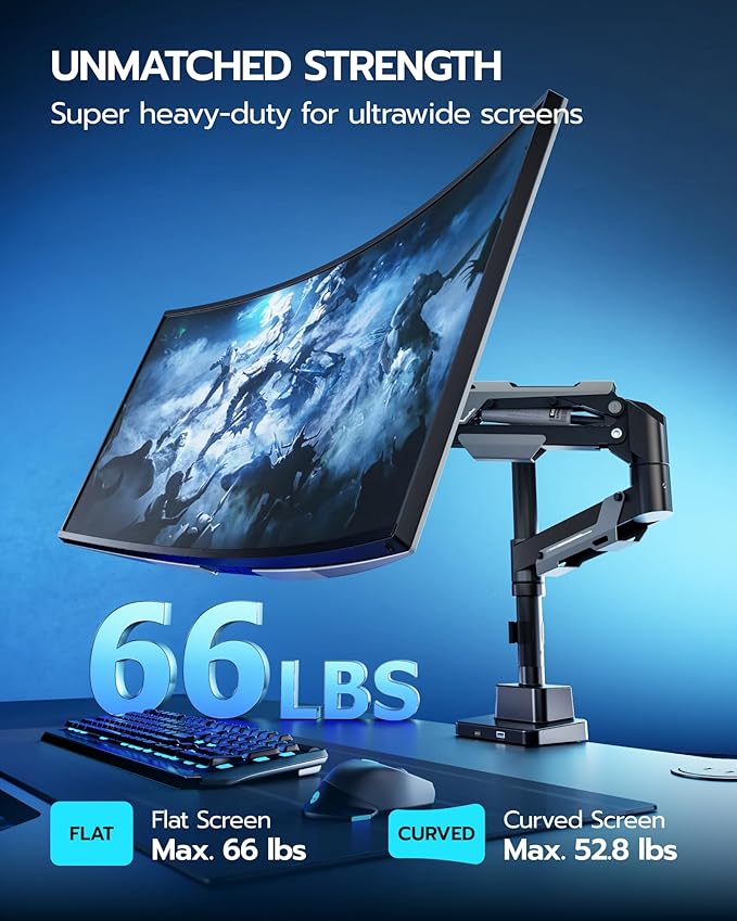 ARES WING CoreArm Single Monitor Mount with USB, Ultrawide Monitor Arm for 24 to 57'' Heavy Duty Curved Screen, Adjustable Gas Spring Monitors Arm Stand up to 66LBS with 75/100/200 Vesa Mount, Black