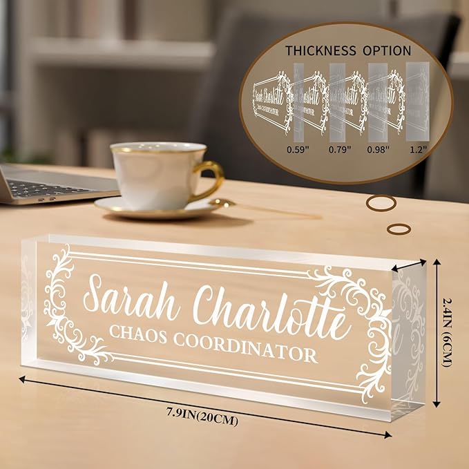 Custom Name Plate for Desk, Personalized Desk Name Plate on Clear Acrylic Glass, Appreciation Gifts for Teacher Employee Boss Coworkers Nurse, Office Desktop Accessories for Women Men (Engraved Thorn)