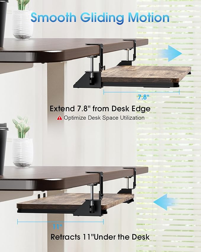 Large Keyboard Tray Under Desk, Pull Out Keyboard & Mouse Tray with Adjustable C-clamp, 25.6(31.5 Including Clamps) x 11.8 Inch Slide Out Computer Keyboard Drawer Mouse Tray for Typing, Brown