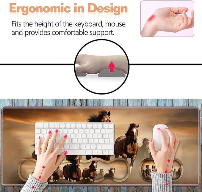 Ergonomic Keyboard Wrist Rest and Mouse Pad Wrist Rest Set, Large XXL Gaming Mousepad 31.5"x 11.8", Memory Foam, Easy Typing Pain Relief, Multifunctional Desk Mat for Office & Home, Galloping Horse
