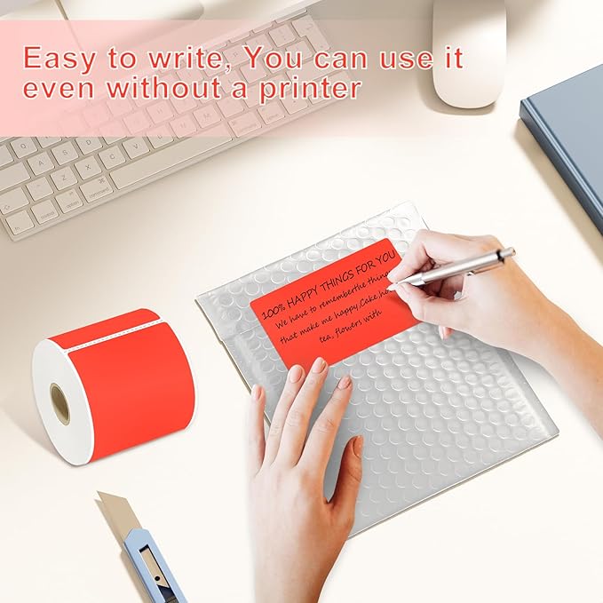 YOULAISHI 3 X 5 Inch Printable Rectangle Color Coding Labels, 300 Per Roll Adhesive Color Coding Stickers for Bar-Codes, Address, Small Business Labeling, Inventory, Fluorescent Red
