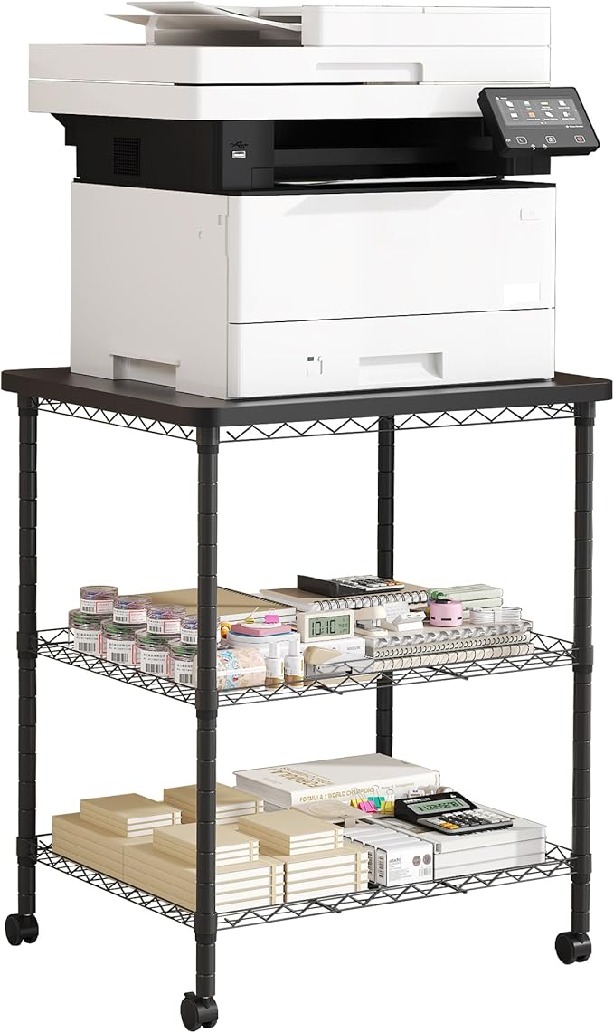 Printer Stand with Locking Wheels, Adjustable Heights 3 Tier Under Desk Table, Rolling Printer Cart Storage Paper Files Holder for Desk, Office, Home, Black