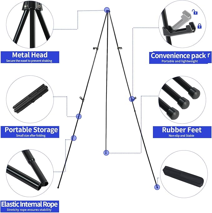 MXG Portable Folding Art Easel Stand for Sign,Painting&poster Display,66" Black Adjustable Height sign holder for Adults, Wedding, Classroom & Outdoor Use,with Wind Clips