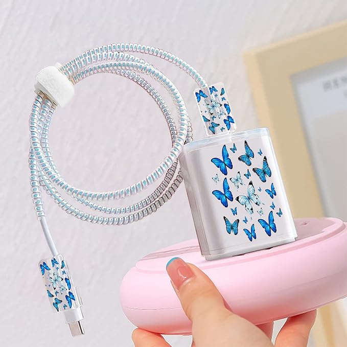Cute Protectors Cable Protector for iPhone Charger Case Cover Pretty Elegant Blue Butterflies Pattern Unique Design Data Cable Phone Charger Data Line Wire Saver for iPhone 14 13 12 11 Pro