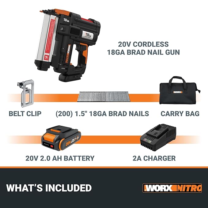 Worx Nitro 20V 18GA Cordless Brad Nailer, Cordless Nail Gun, Nail Gun Battery Powered, Up to 2 Inch, Tool-Free Jam Release, Trimming & Molding, Baseboard WX842L PowerShare – Battery, Charger Included