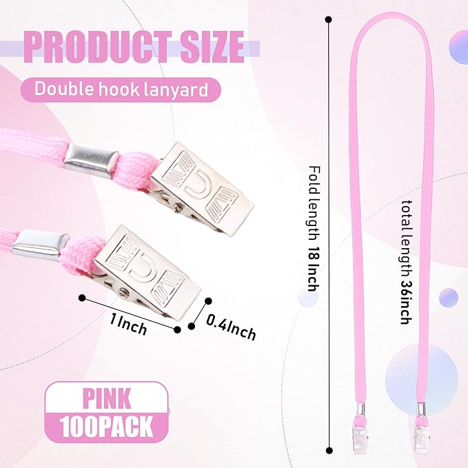 Patelai 100 Pack Double Clip Lanyards Bulk Face Mask Lanyard Twist Free 2 Hook Design Adjustable Badge Neck Strap for ID Name Badge Holder School Conference Office Class Essential (Pink)