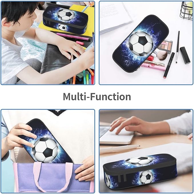 Soccer Ball Pencil Box Sports Pencil Case for Boys Men, Large Capacity Durable Blue Black Pencil Pouch Storage Pen Bag Stationary Case with Double Zippers