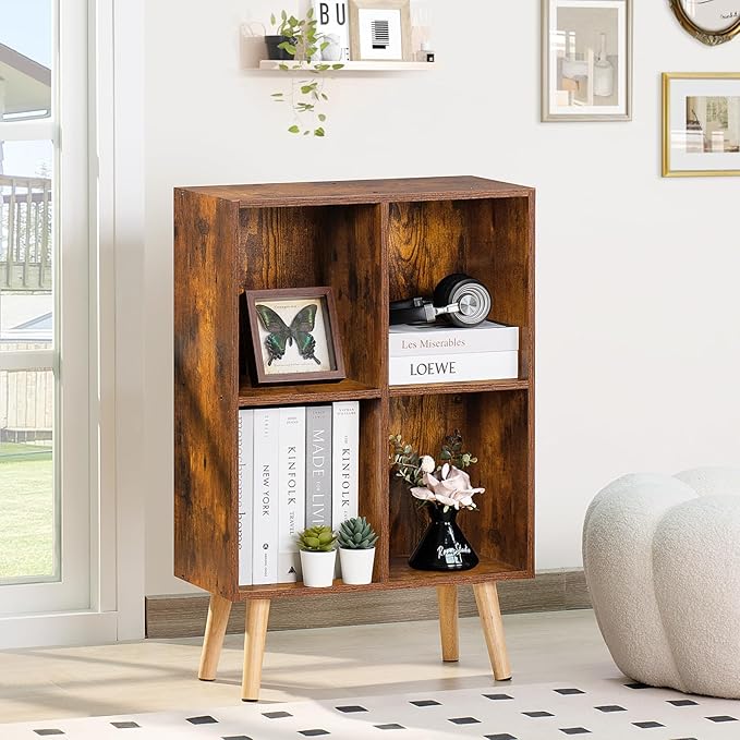 LEYAOYAO 4 Cube Bookshelf, 2-Tier Bookcase with Legs, Brown Kids Book Shelf Cute Storage Organizer, Free Standing Open Toy Shelves Modern Bookshelves,Wood Display Bookcases for Bedroom,Living Room