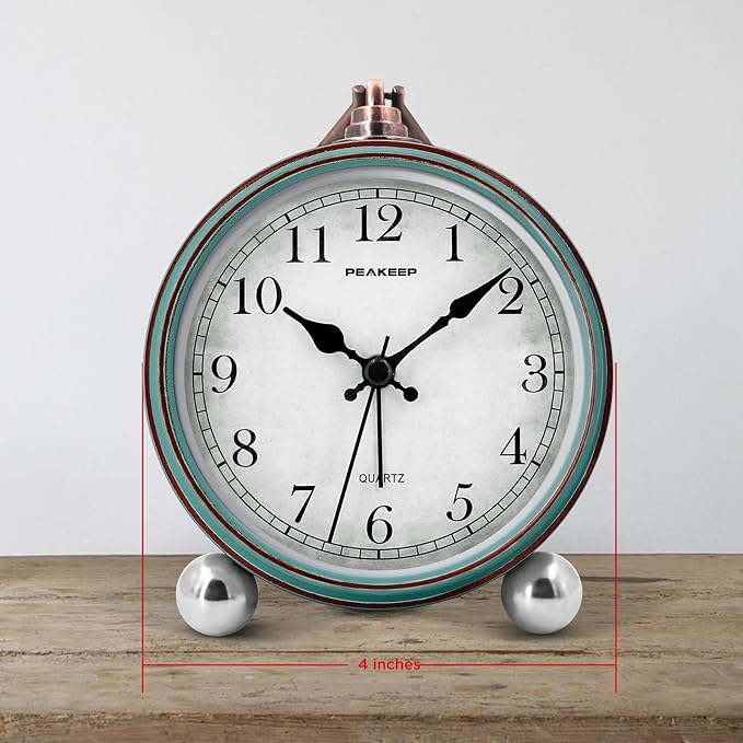Peakeep 4" Small Battery Operated Antique Retro Analog Alarm Clock for Room Decor, Silent Elegant Bedside Desk Table Gift Clock