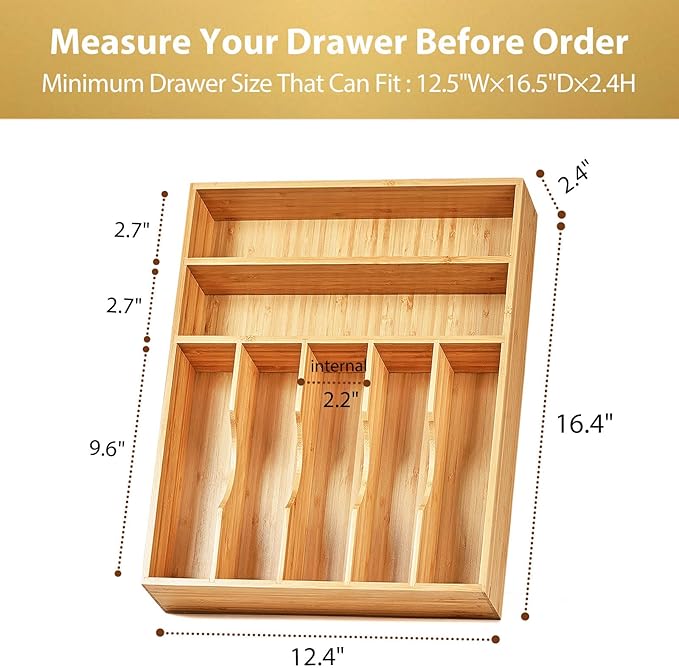 Umilife Kitchen Drawer Organizer, 12.5 Inch Silverware Utensil Tray Holder, Extra Deep, with Non-Slip Feet & Grooved Drawer Divider, 7 Slots Total Bamboo Wood Caddy for Flatware Cutlery Knives