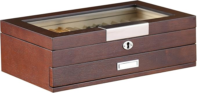 Wood Pen Organizer Box 24 Slot Fountain Pen Display Case with Drawer, Top Glass Window and Lockable Pen Collection Storage Box for Men Gift (24 Slots - Brown w Cream Velvet)