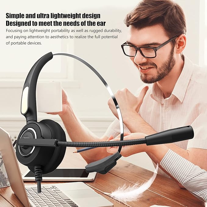 WiseZythum Customer Service Headset with Noise Cancelling Microphone, Call Center Headphone for Office Telemarketing, USB Computer Headset with Adjustable Boom Mic and Retractable Headband, E